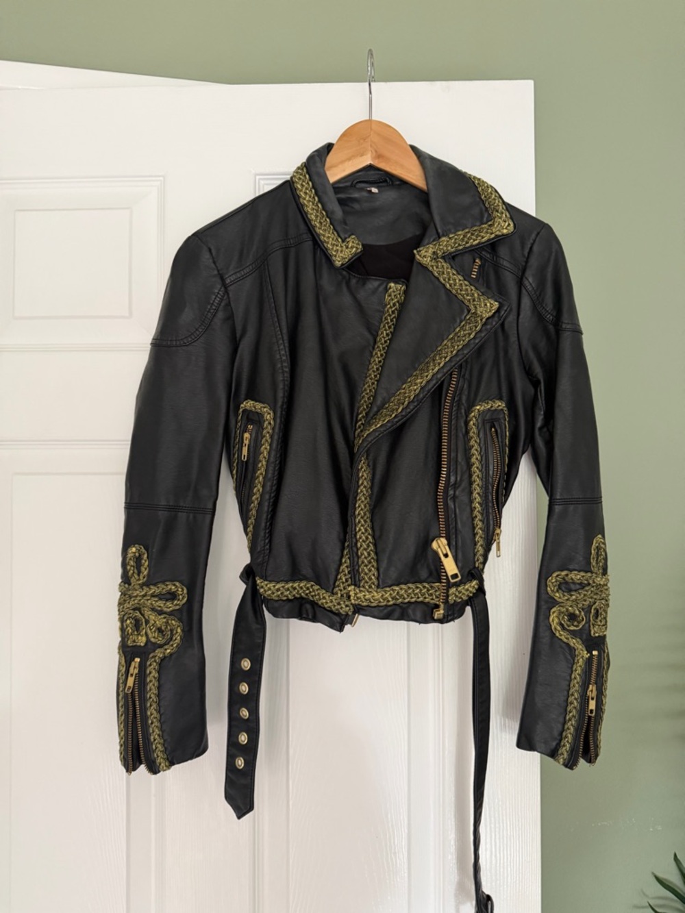 Free People Black Leather Moto Jacket with Olive Braid Trim